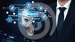 Businessman Managing Digital Files with Advanced Technology Interface for Cloud Storage, Backup, and Data Compression