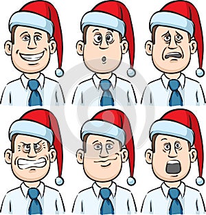 Businessman many faces emotions with santa hat