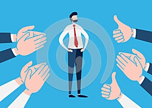 Businessman with many Hands clapping ovation and thumps up, applaud hands. Flat cartoon character. Vector illustration