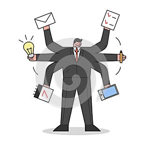 Businessman With Many Hands Holding Office Supplies in Arms. Multitasking and Self-employment Concept