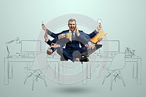 A businessman with many hands in a suit levitates in the office. Works simultaneously with several subjects. Multitasking,