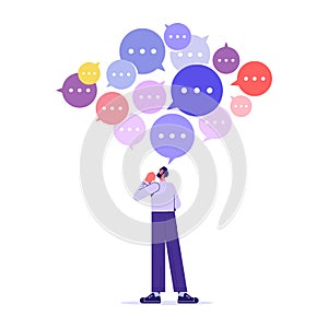 Businessman with many speech bubbles, thinking, strategy and brainstorming for idea