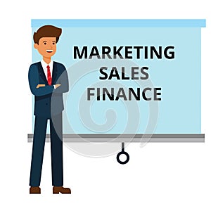 Businessman with marketing, finance, sales presentation cartoon flat vector illustration concept on isolated white