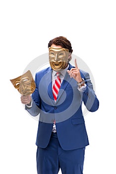 The businessman with masks isolated on white