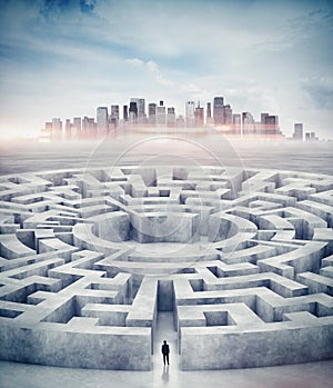 Businessman in maze and city on horizon. 3d