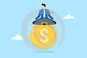 Businessman meditate on floating gold coin in flat design