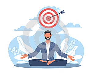 Businessman meditates, concentrates on accomplishing task or goal. Man sitting in lotus position. Thought process photo