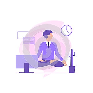 Businessman meditates in the Lotus position in the workplace. Calm pose, mental balance, harmony, spirituality energy, body exerci