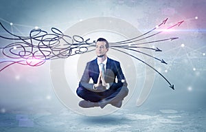 Businessman meditates with purifying doodle concept