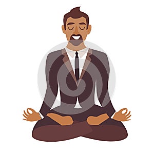 Businessman meditating.Concept of calm business,African-american man work at office.Businessman in yoga pose,lotus position.