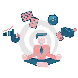 Businessman meditating, concept of time management, stress relief and problem solving. Man thinking about business in