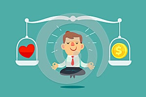 businessman meditating with heart and gold coin on balance scale