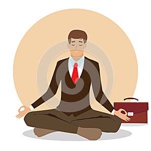 Businessman meditating in lotus pose isolated on background