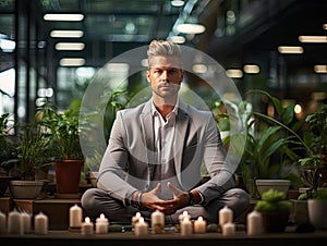 Businessman meditating in modern office represents worklife