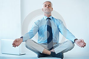 Businessman, meditation and hands for calm wellness for work stress relief or corporate, professional or mental health