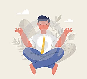 Businessman meditation in office. Man doing yoga. The concept of relaxing in lotus position. Calm at work, Stress relief. Vector i