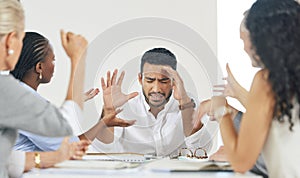 Businessman, meeting and colleagues or headache stress or overwhelmed, multitasking or anxiety. Asian person, coworkers