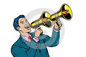 Businessman with a megaphone. announcement advertising