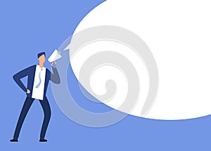 Businessman with megaphone. Man with loudspeaker and blank speech bubble. Announcement vector concept