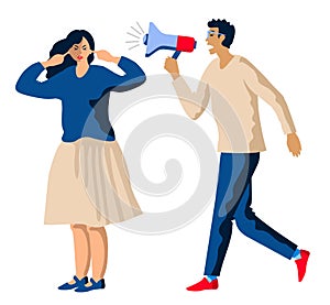 Businessman with megaphone. A man yells at a woman. Pressure on employee, disrespect and humiliation. Aggressive