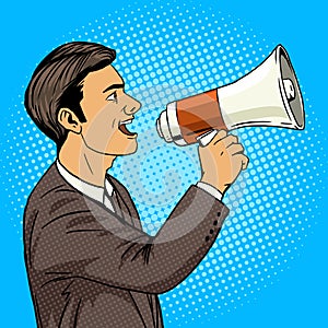 Businessman with megaphone pop art style vector