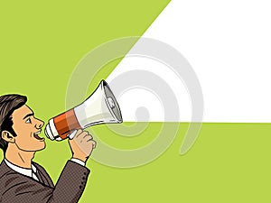 Businessman with megaphone pop art style vector