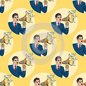 Businessman with megaphone pop art style vector illustration human seamless pattern background comic book style