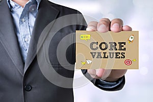 Businessman message on the card shown Core Values Concept