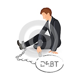 Businessman in metal handcuffs on leg vector illustration of hostage