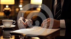 Businessman writing in elegant setting. AI Generated