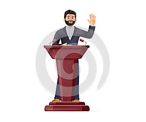 Businessman with microphone speaking at business conference standing at the podium. 3D Male leader in suit