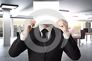 Businessman in modern office hides face behind sign 3D Illustration