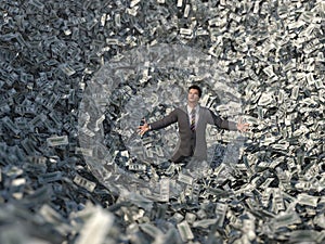 Businessman in a money avalanche