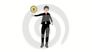 Businessman and money, benefit, earnings and income. Cartoon video animation. Background video 4k looped