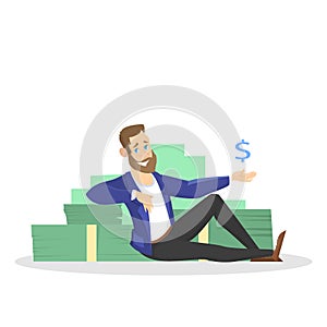 Businessman with money. Happy successfull man sitting