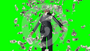 Businessman and Money Rain on a Green Background. 3d Animation. Ultra HD 4K 3840x2160