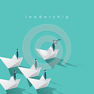 Businessman with monocular on paper boat as a symbol of business leadership. Visionary leading team, teamwork concept.