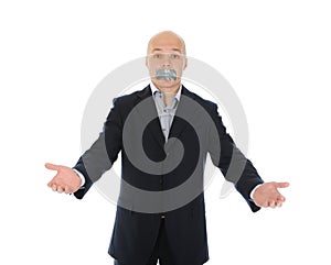 Businessman with mouth sealed