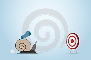 Businessman moving slowly to dart board with snail, business concept