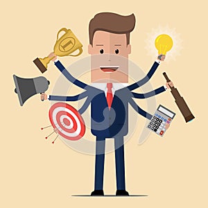 Businessman with multitasking and multi skill. Businessman with six hands. Vector illustration