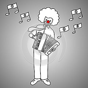 businessman musician with joker face playing piano accordion vector illustration doodle sketch hand drawn with black lines