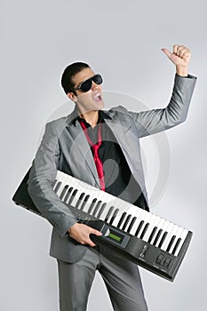 Businessman musician playing instrument with suit