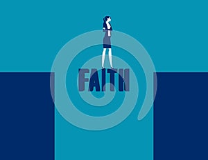 Businessman near and abyss standing on the word faith