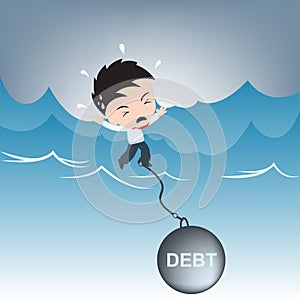 Businessman need help with debt burden on water, financial concept illustration vector in flat design