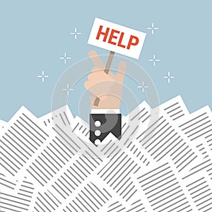 Businessman need help under a lot of white paper, vector illustion flat design style.