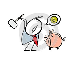 Businessman needs money, swings at a piggy bank with a hammer, smashes a porcelain safe. Vector illustration of