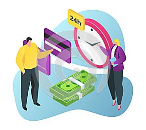 Businessman negotiate businesswoman, online payment transfer fund, stack money and debit card 3d isometric vector