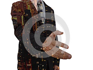 Businessman offering his hand for handshake. Greeting or congratulating gesture. on white background
