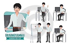 Businessman office desk character vector set. Business man office young male characters in standing and sitting in desk.