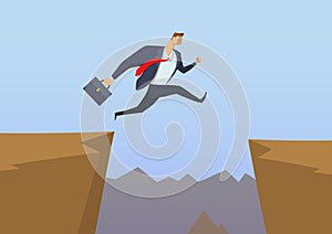 Businessman in office suit jumping over the abyss as he runs to his goal. Overcoming the obstacles. Achieving goals